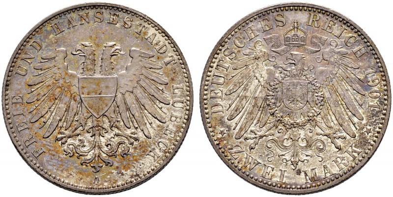 DEUTSCHES KAISERREICH 
 Lübeck, Hansestadt 
 2 Mark 1901, A Berlin. 11.08 g. J...
