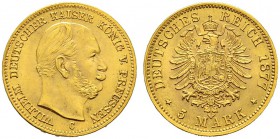 DEUTSCHES KAISERREICH 
 Preussen, Königreich 
 Wilhelm I. 1861-1888. 
 5 Mark 1877, C Frankfurt. 1.99 g. J. 244C. KM 507. Fr. 3825. Fast FDC / Abou...