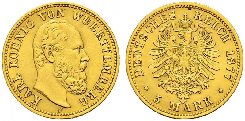 DEUTSCHES KAISERREICH 
 Württemberg, Königreich 
 Karl, 1864-1891. 
 5 Mark 1...