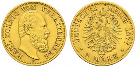 DEUTSCHES KAISERREICH 
 Württemberg, Königreich 
 Karl, 1864-1891. 
 5 Mark 1877, F Stuttgart. 1.99 g. J. 291. KM 627. Fr. 3875. Gutes vorzüglich /...