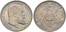 DEUTSCHES KAISERREICH 
 Württemberg, Königreich 
 Wilhelm II. 1891-1918. 
 3 Mark 1908, F Stuttgart. 16.67 g. J. 175. KM 635. Hübsche Patina / Attr...