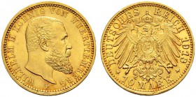 DEUTSCHES KAISERREICH 
 Württemberg, Königreich 
 Wilhelm II. 1891-1918. 
 10 Mark 1913, F Stuttgart. 3.97 g. J. 295. KM 633. Fr. 3877. Winziger Ra...