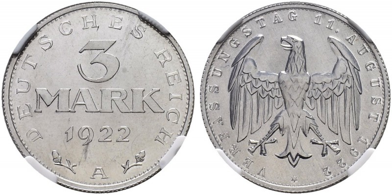 DEUTSCHLAND - Weimarer Republik 
 3 Reichsmark 1922 A. In NGC Slab Proof 64/ NG...