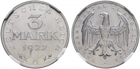 DEUTSCHLAND - Weimarer Republik 
 3 Reichsmark 1922 A. In NGC Slab Proof 64/ NGC Holder Proof 64. Polierte Platte. FDC / Brilliant Proof.