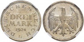 DEUTSCHLAND - Weimarer Republik 
 3 Reichsmark 1924, G Karlsruhe. In NGC Slab Proof Detail, kl. Schlag / NGC Holder Proof details, small nick. Polier...