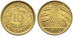 DEUTSCHLAND - Weimarer Republik 
 10 Reichspfennig 1925 D, München. Verprägung. 3.94 g. J. 317. Vorzüglich-FDC / Extremely fine- uncirculated.