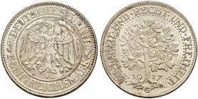 DEUTSCHLAND - Weimarer Republik 
 5 Reichsmark 1927, G Karlsruhe. Eichbaum. 24.95 g. J. 331. KM 56. Gutes vorzüglich / Good extremely fine.