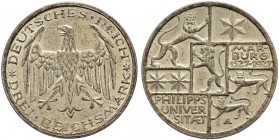 DEUTSCHLAND - Weimarer Republik 
 3 Reichsmark 1927, A Berlin. 400-Jahrfeier der Universität Marburg. 14.99 g. J. 330. KM 53. Fast FDC / About uncirc...
