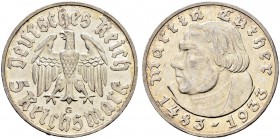 DEUTSCHLAND - Drittes Reich 
 5 Reichsmark 1933, G Karlsruhe. 450. Geburtstag von Martin Luther. 13.78 g. J. 353. KM 80. Vorzüglich- gutes vorzüglich...
