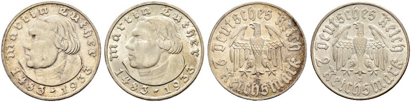 DEUTSCHLAND - Drittes Reich 
 2 Reichsmark 1933, Karlsruhe und Hamburg. Zum 450...