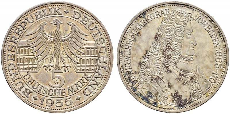 DEUTSCHLAND - Bundesrepublik 
 5 Deutsche Mark 1955 G, Karlsruhe. Markgraf von ...