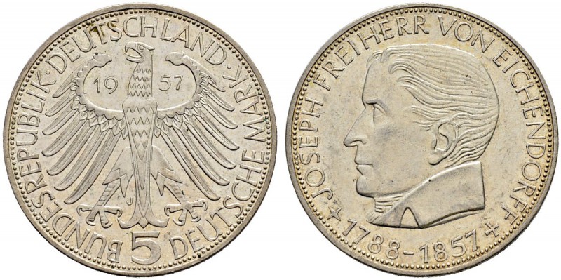 DEUTSCHLAND - Bundesrepublik 
 5 Deutsche Mark 1957 J, Hamburg. Eichendorff. 11...