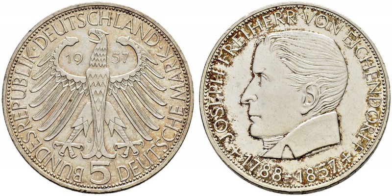 DEUTSCHLAND - Bundesrepublik 
 5 Deutsche Mark 1957 J, Hamburg. Eichendorff. 11...