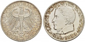 DEUTSCHLAND - Bundesrepublik 
 5 Deutsche Mark 1957 J, Hamburg. Eichendorff. 11.27 g. J. 391. Gutes vorzüglich / Good extremely fine.