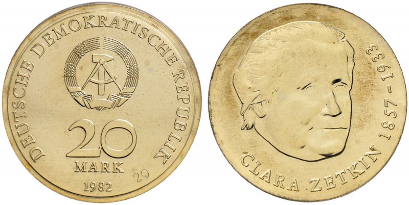 DEUTSCHLAND - DDR 
 20 Mark 1982. Clara Zetkin. Probe in plombierter Plastikkap...