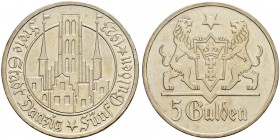 DEUTSCHLAND - 1. Weltkrieg 
 Danzig, Stadt. 
 5 Gulden 1923. Marienkirche. 25.03 g. Vorzüglich / Extremely fine.