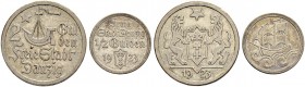 DEUTSCHLAND - 1. Weltkrieg 
 Danzig, Stadt. 
 2 Gulden 1923. 1/2 Gulden 1923. J. D8, D6. Sehr schön-vorzüglich / Very fine-extremely fine.(2)