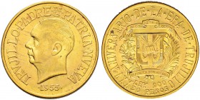 DOMINIKANISCHE REPUBLIK 
 30 Pesos 1955. 25. Regierungsjubiläum von Trujillo. 29.66 g. Fr. 1. Av. Kratzer / Scratches on obv. Fast vorzüglich-vorzügl...