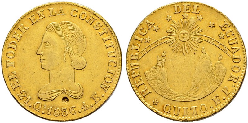 ECUADOR 
 Republik. 
 4 Escudos 1836. 13.20 g. KM 19. Fr. 4. Selten / Rare. Kl...