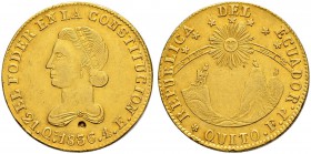 ECUADOR 
 Republik. 
 4 Escudos 1836. 13.20 g. KM 19. Fr. 4. Selten / Rare. Kl. Punze im Avers / Av. With small chopmark. Sehr schön / Very fine.