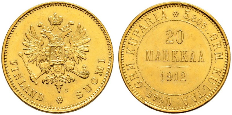 FINNLAND 
 Nikolaus II. 1894-1917. 
 20 Markkaa 1912. 6.45 g. Fr. 3. Kleine Ra...