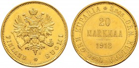 FINNLAND 
 Nikolaus II. 1894-1917. 
 20 Markkaa 1912. 6.45 g. Fr. 3. Kleine Randunregelmässigkeiten / Small edge faults. Vorzüglich-FDC / Extremely ...