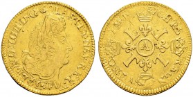 FRANKREICH 
 Königreich 
 Louis XIV. 1643-1715. 
 Louis d'or aux quatre L (1691). Überprägt auf eine Louis d'or ecu. 6.65 g. Duplessy 1140A. Fr. 43...