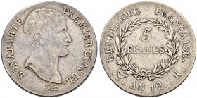 FRANKREICH 
 Königreich 
 Consulat, 1799-1804. 
 5 Francs AN 12 (1803-04), K Bordeaux. 24.67 g. Gadoury 577. Dav. 82. Fast sehr schön-sehr schön / ...