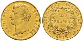 FRANKREICH 
 Königreich 
 I. Kaiserreich. Napoleon I. 1804-1815. 
 20 Francs AN 12 (1803/04), A Paris. 6.44 g. Gadoury 1021. Fr. 487. Vorzüglich / ...