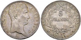 FRANKREICH 
 Königreich 
 I. Kaiserreich. Napoleon I. 1804-1815. 
 5 Francs AN 14 (1805), A Paris. 24.95 g. Gadoury 580. Dav. 83. Kleine Kratzer / ...