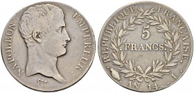 FRANKREICH 
 Königreich 
 I. Kaiserreich. Napoleon I. 1804-1815. 
 5 Francs AN 14 (1805), I Limoges. 24.56 g. Gadoury 580. Dav. 83. Fast sehr schön...