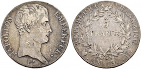 FRANKREICH 
 Königreich 
 I. Kaiserreich. Napoleon I. 1804-1815. 
 5 Francs AN 14 (1805), U Turin. 24.71 g. Gadoury 580. Dav. 83. Selten / Rare. Se...