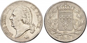 FRANKREICH 
 Königreich 
 Louis XVIII. 1814-1824. 
 5 Francs 1818, B Rouen. 24.85 g. Gadoury 614. Sehr schön / Very fine.