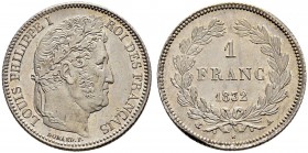FRANKREICH 
 Königreich 
 Louis Philippe, 1830-1848. 
 1 Franc 1832, A Paris. 4.96 g. Gadoury 453. Fast FDC-FDC / About uncirculated- uncirculated....