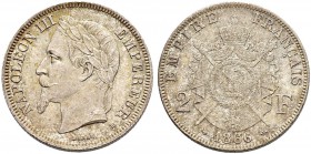 FRANKREICH 
 Königreich 
 II. Kaiserreich. Napoleon III. 1852-1870. 
 2 Francs 1866, Strasbourg. 10.05 g. Gad.527. Sehr selten in dieser Erhaltung ...