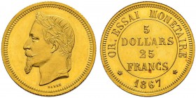 FRANKREICH 
 Königreich 
 II. Kaiserreich. Napoleon III. 1852-1870. 
 25 Francs 1867. ESSAI in Gold. 5 Dollars / 25 Francs. 8.05 g. Mazard 1745. Se...