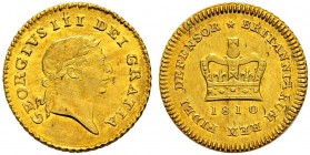 GROSSBRITANNIEN 
 George III. 1760-1820. 
 1/3 Guinea 1810. 2.79 g. S. 3740. Fr. 367. Vorzüglich / Extremely fine.