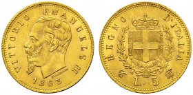ITALIA 
 Regno d'italia 
 Vittorio Emanuele II. 1859-1878. 
 5 Lire 1863, Torino. 1.61 g. Nomisma 875. Pag. 479. Fr. 16. Rara. BB/Spl.