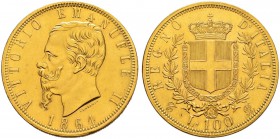ITALIA 
 Regno d'italia 
 Vittorio Emanuele II. 1859-1878. 
 100 Lire 1864, Torino. 32.20 g. Nomisma 843. Fr. 8. Rara. Spl/qFdc.