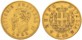 ITALIA 
 Regno d'italia 
 Vittorio Emanuele II. 1859-1878. 
 10 Lire 1865, Torino. 3.17 g. Nomisma 874. Pag. 478. Fr. 15. MB/BB.