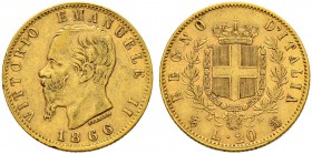 ITALIA 
 Regno d'italia 
 Vittorio Emanuele II. 1859-1878. 
 20 Lire 1866, Torino. Pag. 460. Schl. 43. Fr. 11. Rara. BB+.