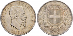 ITALIA 
 Regno d'italia 
 Vittorio Emanuele II. 1859-1878. 
 5 Lire 1872, Milano. 24.92 g. Pag. 494. Dav. 140. Spl.