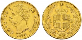 ITALIA 
 Regno d'italia 
 Umberto I. 1878-1900. 
 20 Lire 1884, Roma. 6.42 g. Pag. 580. Schl. 68. Fr. 21. Rara. BB.