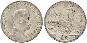 ITALIA 
 Regno d'italia 
 Vittorio Emanuele III. 1900-1946. 
 2 Lire 1911, Roma. Quadriga. 9.98 g. Nomisma 1160. Pag. 734. Molto rara. BB/BB+.