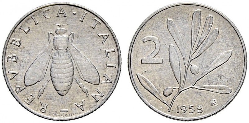 ITALIA 
 Repubblica italiana 
 2 Lire 1958, Roma. 0.81 g. Pag. 2411. QFdc.