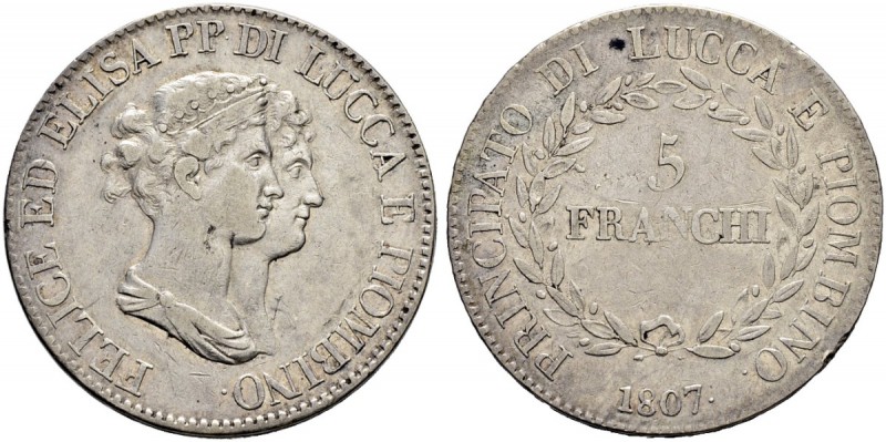 ITALIA 
 Lucca 
 Elisa Bonaparte e Felice Baiocchi, 1805-1814. 
 5 Franchi 18...