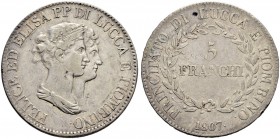 ITALIA 
 Lucca 
 Elisa Bonaparte e Felice Baiocchi, 1805-1814. 
 5 Franchi 1807. 24.77 g. Pag. 253. Dav. 203. BB.