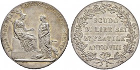 ITALIA 
 Milano 
 Repubblica Cisalpina, 1800-1802. 
 Scudo da 6 Lire 1800 AN VIII. 23.10 g. MIR 477. Pag. 8. Dav. 199. Fdc.