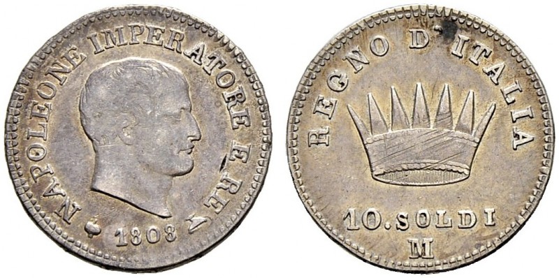 ITALIA 
 Milano 
 Napoleone I, 1805-1814. 
 10 Soldi 1808, Milano. 2.47 g. Pa...