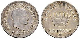 ITALIA 
 Milano 
 Napoleone I, 1805-1814. 
 10 Soldi 1808, Milano. 2.47 g. Pag. 52a. MIR 494/5. Rara. BB.